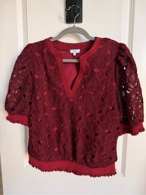 VOY Burgundy Crochet Lace Overlay Top - Size S - NWOT